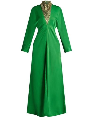 Ferragamo Stone-appliqué Long-sleeved Gown - Green