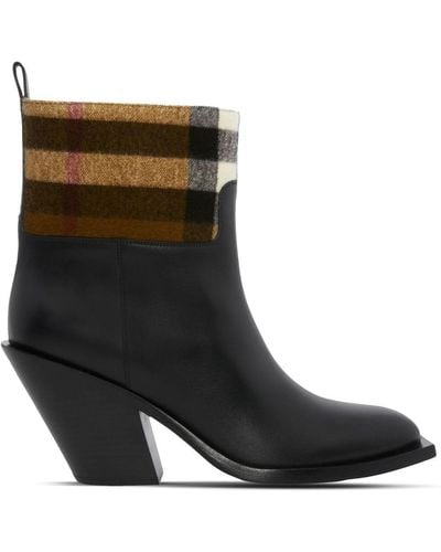 Burberry Exaggerated Check Paneled Leather Boots - Black