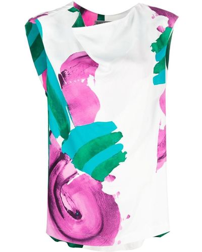 Issey Miyake Seidentop mit Blumen-Print - Weiß