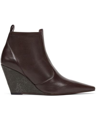 Brunello Cucinelli Monili Wedge Leather Ankle Boots - Brown