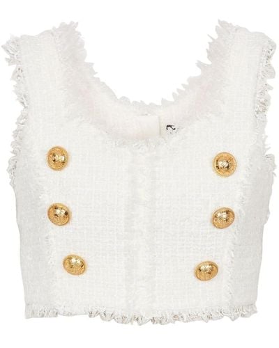 Balmain Haut crop en tweed à boutons décoratifs - Blanc