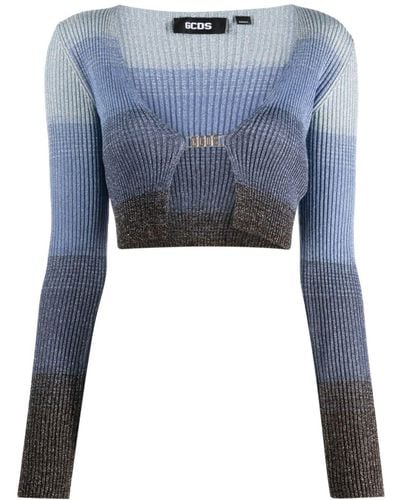 Gcds Degradé Ribbed-knit Cropped Cardigan - Blue