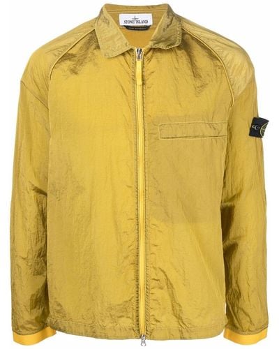 Stone Island Compass-patch Crinkled Zip-up Overshirt - Yellow