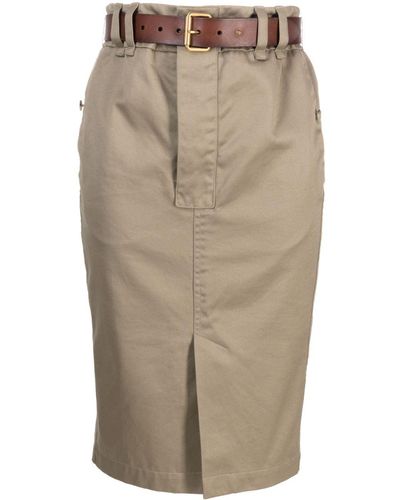 Saint Laurent Belted Cotton Pencil Skirt - Natural