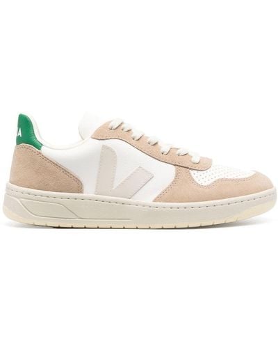 Veja V-10 Leather And Suede Low-top Trainers - Natural