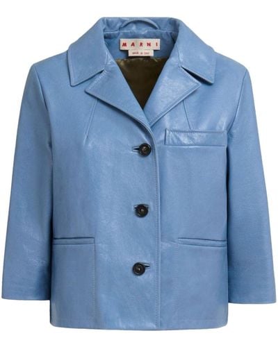 Marni Cropped-sleeve Goatskin Leather Jacket - Blue