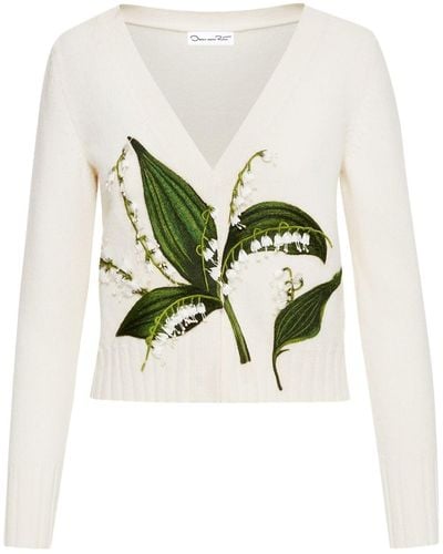 Oscar de la Renta Floral-embroidered Fine-knit Cardigan - White