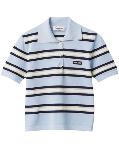 Miu Miu Striped Knitted Cotton Polo Shirt - Blue