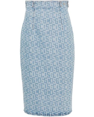 Gcds Monogram-pattern Denim Pencil Skirt - Blue