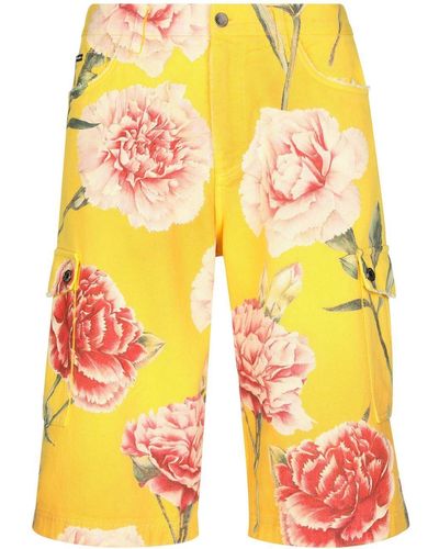 Dolce & Gabbana Carnation-print Denim Shorts - Yellow