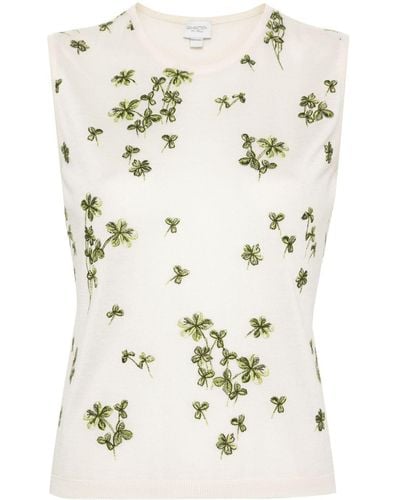 Giambattista Valli Leaf Emboridered Cashmere Silk Knit Tank Top - White