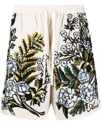 Amiri Floral-embroidered Linen Track Shorts - Brown
