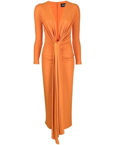 Solace London Vestido midi Lorena drapeado con escote - Naranja