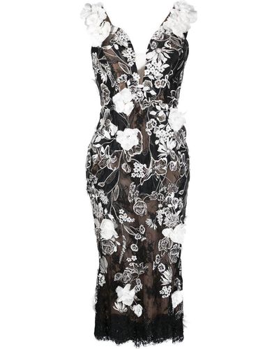Marchesa Midi-jurk Met Bloemenpatch - Zwart