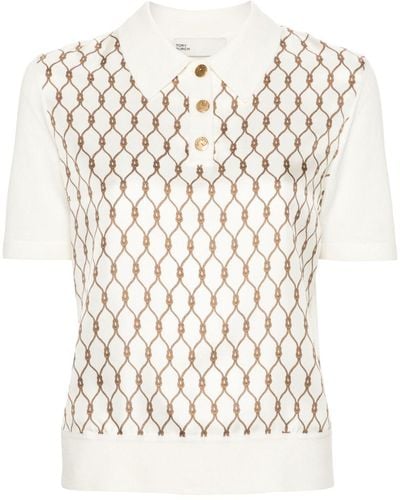 Tory Burch Knot-print Merino Polo Shirt - White