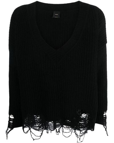 Pinko Ripped V-neck Knitted Sweater - Black