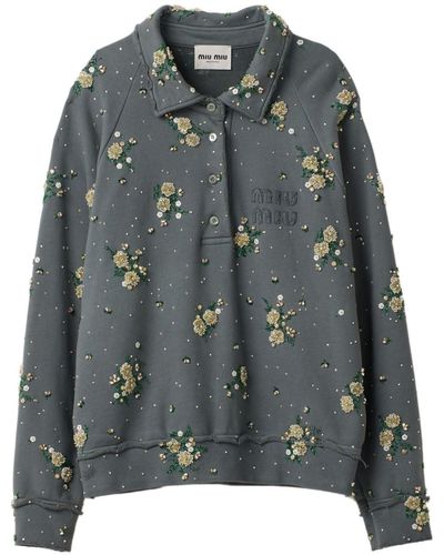 Miu Miu Beaded Cotton Fleece Sweatshirt - Gray