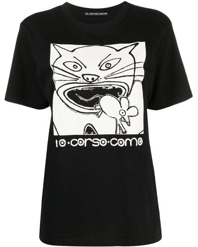 10 Corso Como T-shirt à imprimé chat - Noir