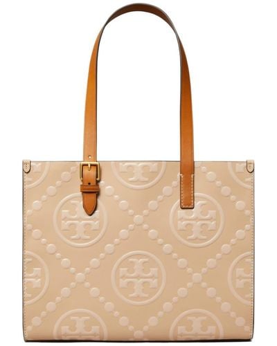 Tory Burch Small T Monogram Leather Tote Bag - Natural