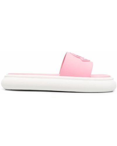 Moncler Debossed-logo Leather Slides - Pink