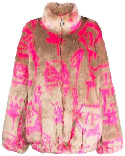 Philipp Plein Monogram-print Faux Fur Coat - Pink