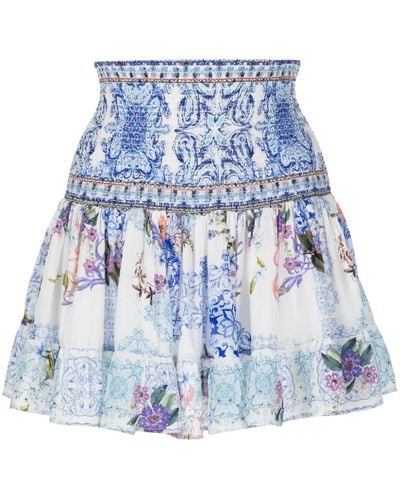 Camilla Graphic-print Shirred Miniskirt - Blue