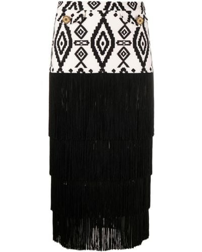 Elisabetta Franchi Printed Fringed Midi Skirt - Black