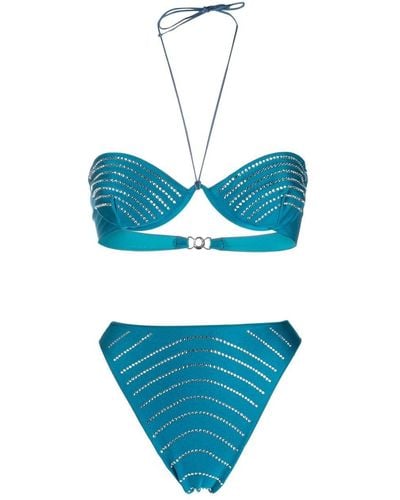 Oséree Rhinestrone High-waisted Bandeau Bikini - Blue