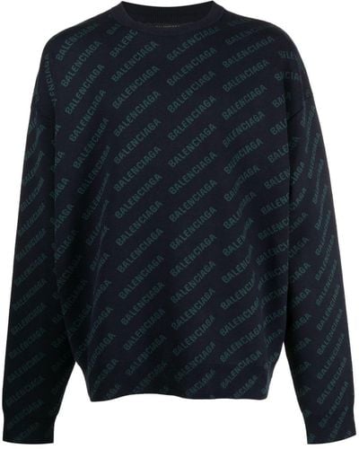 Balenciaga All-over Logo-print Knit Sweater - Blue
