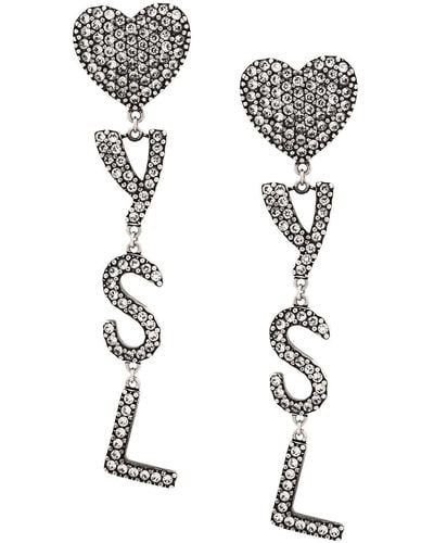 Saint Laurent Monogram Heart Crystal Drop Clip Earrings - Metallic