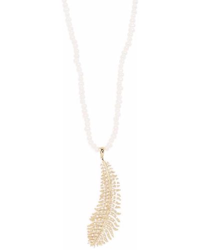 Mizuki 14kt Yellow Gold Long Dancing Pearl Large Diamond Feather Necklace - Metallic
