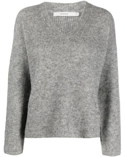 Gestuz Ribbed V-neck Sweater - Gray