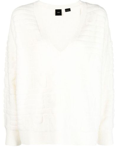 Pinko Intarsia-knit Logo V-neck Sweater - White
