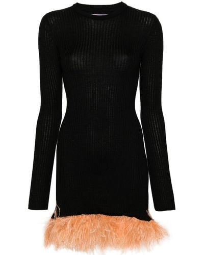 La DoubleJ Feather-trim Ribbed-knit Minidress - Black