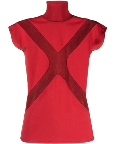 Genny Semi-sheer Panel High-neck T-shirt - Red