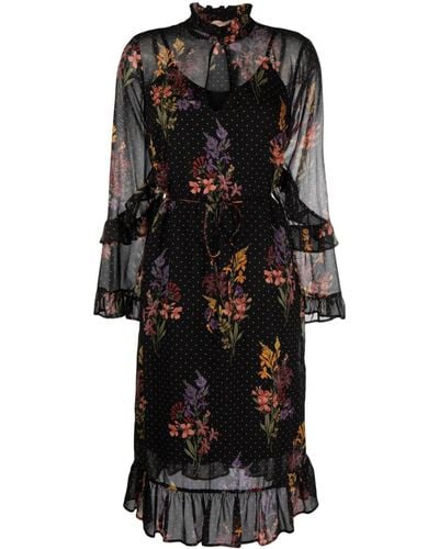 Twin Set Double-layer Floral-print Midi Dress - Black