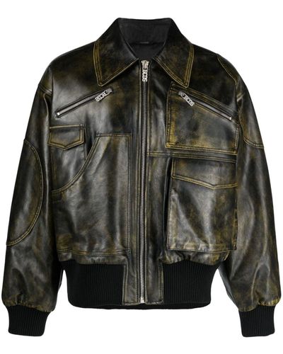 Gcds Workwear Rub-off Leather Bomber Jacket - Black