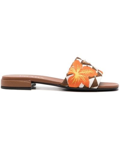 Prada Sandali slides Ibiscus con ricamo - Marrone