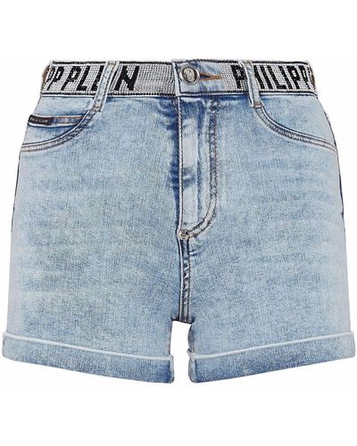 Philipp Plein Pantalones vaqueros cortos con logo en la cinturilla - Azul