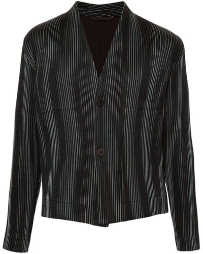 Homme Plissé Issey Miyake Tweed Pleats Collarless Jacket - Black