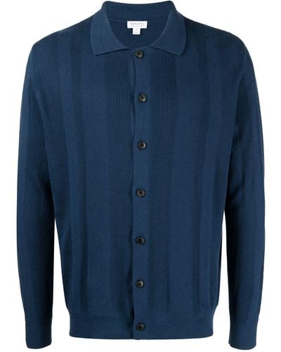 Sunspel Ribbed Knitted Cardigan - Blue