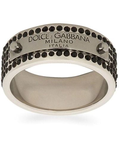 Dolce & Gabbana Ring With Rhinestones And Logo Tag - Metallic