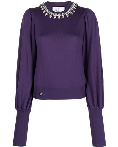 Philipp Plein Crystal-embellished Wool Knitted Sweater - Purple