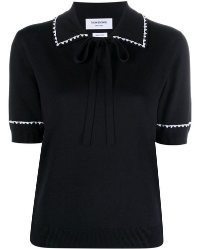 Thom Browne Tie-fastening Knit Polo Top - Black