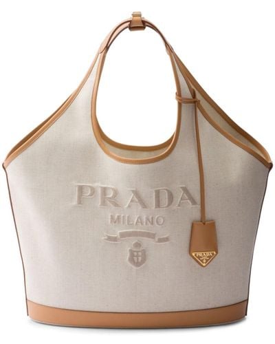 Prada Logo-embossed Large Linen And Leather Tote Bag - Gray