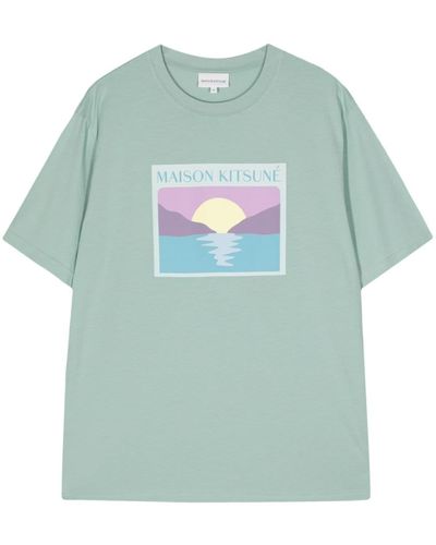 Maison Kitsuné Sunset Postcard-print Cotton T-shirt - Green