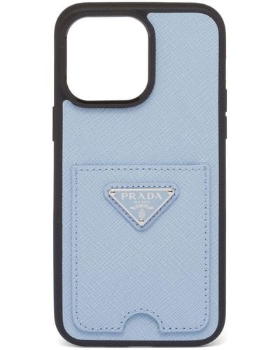 Prada Coque d'iPhone 14 Pro Max en cuir Saffiano - Bleu