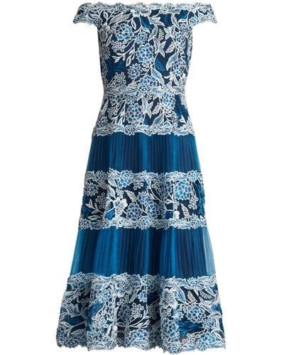Tadashi Shoji Floral-embroidered Off-shoulder Midi Dress - Blue