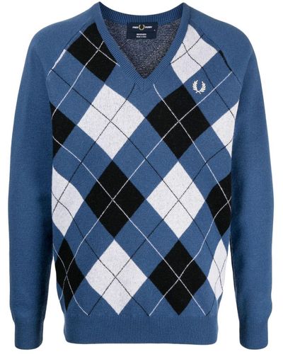 Fred Perry Embroidered Logo Checked Jumper - Blue