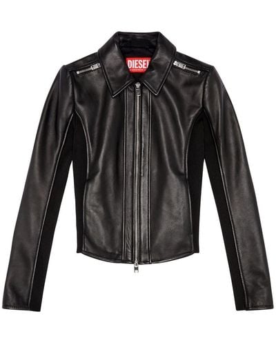 DIESEL Leather Biker Jacket With Rib Panels - Black